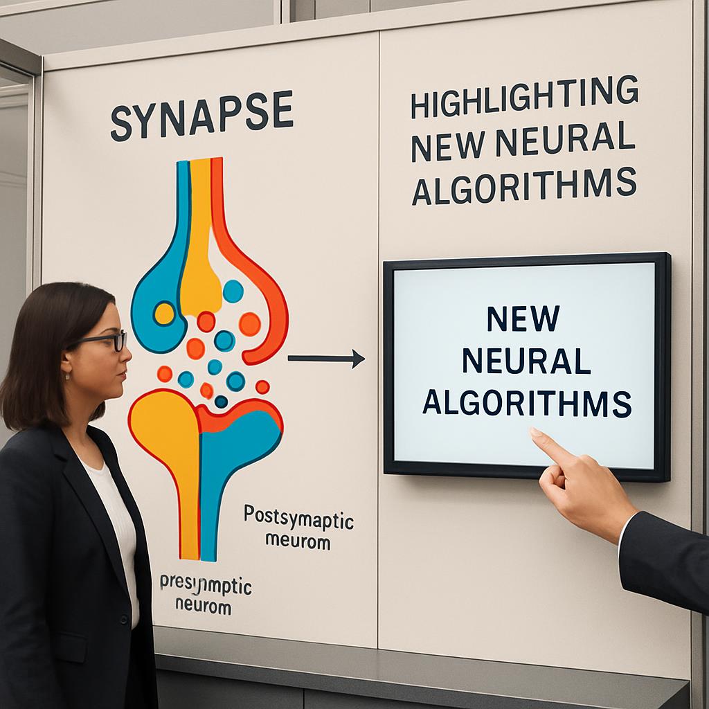 A chart displaying two neurons, a yellow and blue presynaptic neuron connected to a red and blue postsynaptic neuron, with...