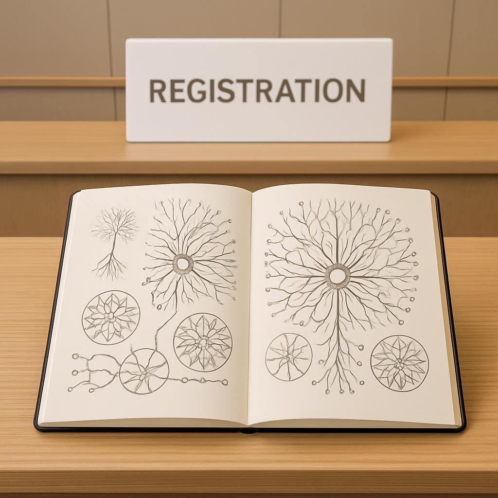 A book with sketches and a "REGISTRATION" sign on a desk.